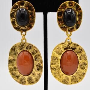 Vintage Cabochon Clip On Earrings Antiqued Gold Red Clay Black Big NOS 80s BinA1